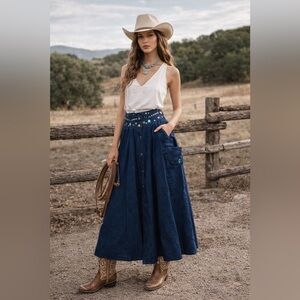 Unique Vintage Denim Maxi Skirt with Embellishments and Snap Button
